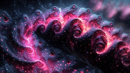 A complex and beautiful fractal design with a dark background and pink highlights. The organic - shaped metallic materials in the fractals glow in the light, and black lines on them add depth.