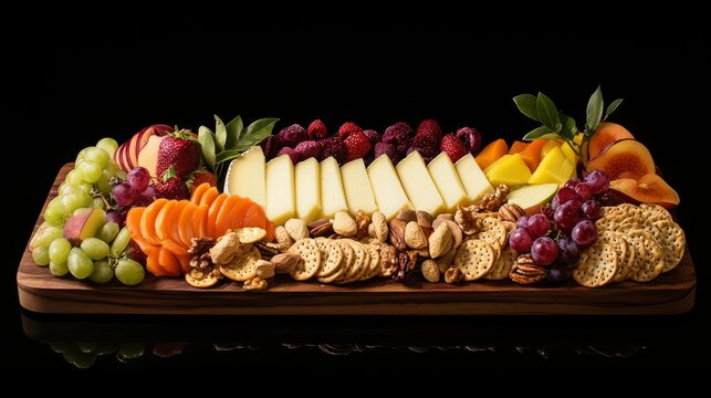 A platter of assorted cheeses with crackers, nuts, and fruits. Featuring gourmet flavors and variety