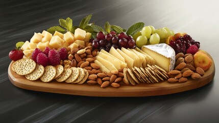 A platter of assorted cheeses with crackers, nuts, and fruits. Featuring gourmet flavors and variety