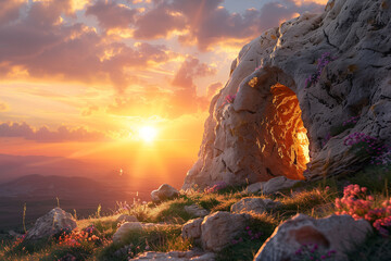Serene depiction of Jesus’ resurrection with golden light, empty tomb, and peaceful Easter morning landscape., sunrise to the cave, 