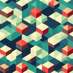 Obraz premium Isometric Cubes Pattern in Teal, Red, and Cream