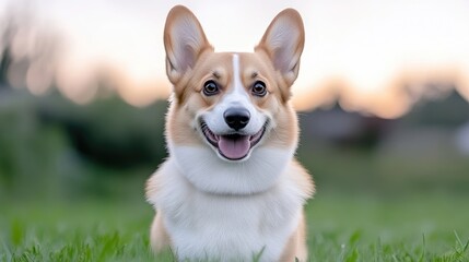 Happy dog in a grassy field.  A joyful corgi sits amidst green grass, with a soft focus background.  Its ears are perked up, and it's smiling broadly