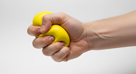 Male Hand Squeezing Yellow Stress Ball Against White Background In Studio Lighting
