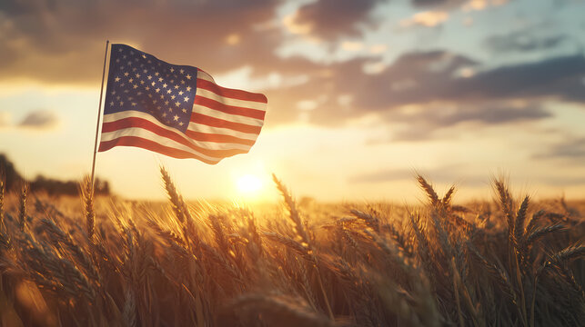 American Dream Sunset: An American flag waves proudly in the breeze against the backdrop of a golden sunset over a field of wheat, capturing a patriotic scene.