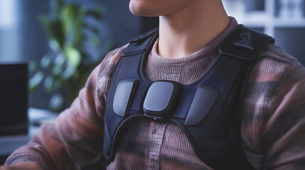 A smart wearable posture correction device, office setting with person using the wearable device for better posture, Health-tech style