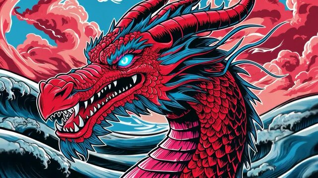 Scarlet Serpent of the Sea: A Striking Dragon Portrait with Wave Background