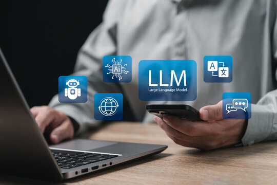 LLM, AI Large Language Model concept, Businessman use smartphone and application general-purpose language generation capability, Chat AI, Automation, Machine learning, Big Data analysis Document
