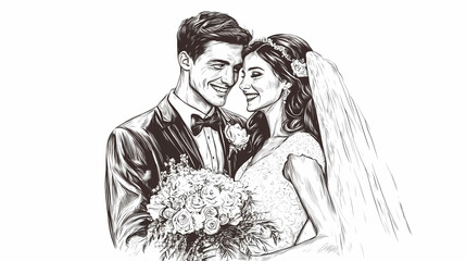 Eternal Embrace: Capturing an intimate moment, a couple radiates the purest form of love in an elegant sketch. The bride, her smile radiant, clutches her bouquet.