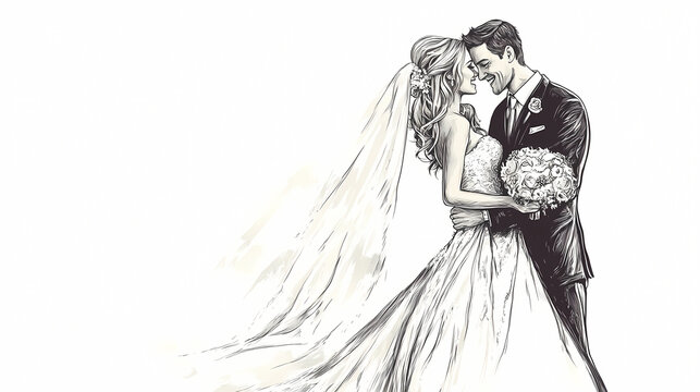Eternal Embrace: A touching illustration of a couple in a loving embrace on their wedding day, the bride's delicate veil flowing gently around them.
