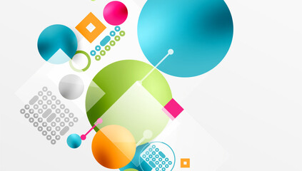 Bright shapes, circles, squares, dots. Modern design, vibrant colors, abstract composition. Clean lines, geometric forms, playful aesthetic.