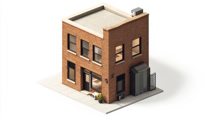 Isometric Low Poly Brick Building with Outdoor Seating