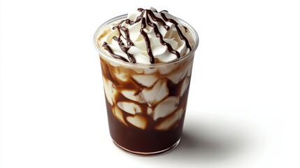 A refreshing iced coffee with ice cubes, whipped cream, and chocolate drizzle. Featuring cold beverages