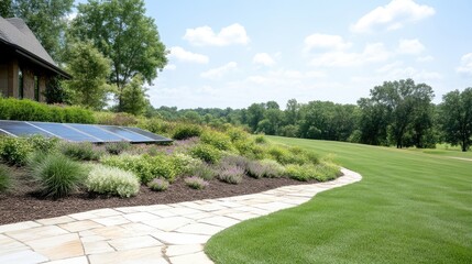 Solar panels are neatly arranged on a landscaped hillside. A stone path curves through a manicured lawn towards them. The high-quality image is brightly lit, showcasing warm colors and a peaceful mo