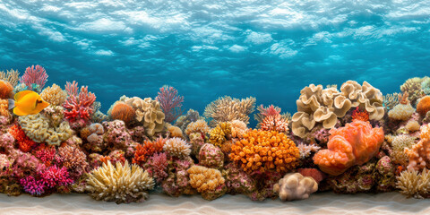 A vibrant coral reef teeming with colorful corals and fish under a clear blue ocean, showcasing the beauty of marine life.