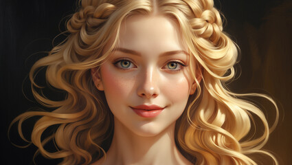 Front-Facing Elegant Female Portrait with Soft Smile in Oil Painting Style