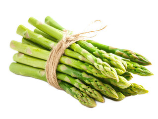 Bundle of asparagus spears tied with twine, fresh green stems, isolated on white background