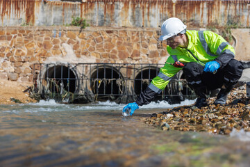 A safety-clad environmental worker collects a water sample from a rocky shoreline near an...