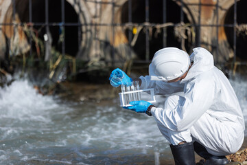 A scientist wearing a white protective suit and helmet collects and examines water samples in test...