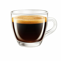 Realistic illustration of a transparent glass cup filled with fresh espresso coffee and crema, isolated on transparent background.
