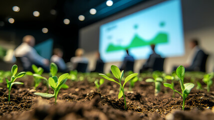 Sprout of Growth: A close-up of sprouts, symbolizing a new beginning, with business people in the blurred background attending conference