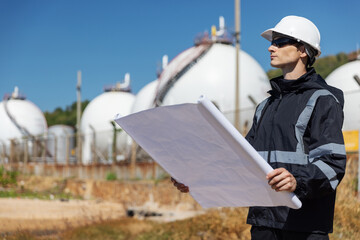 An engineer in black safety gear walks near spherical gas storage tanks, holding blueprints and a...