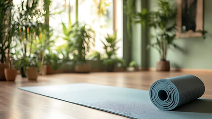 A smart yoga mat, yoga studio with mat providing real-time feedback on poses, Health-tech style