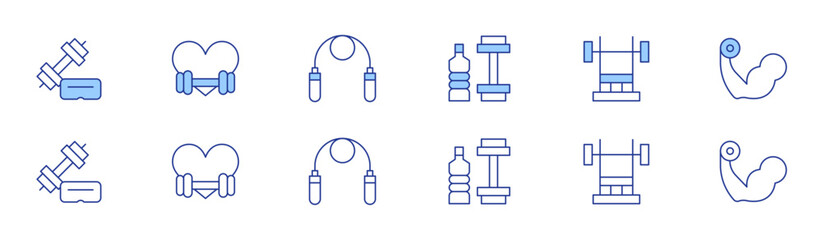 Gym icon set in two styles, Duotone and Thin Line style. Editable stroke. virtual reality, fitness, heart, gym machine, jumping rope, strong