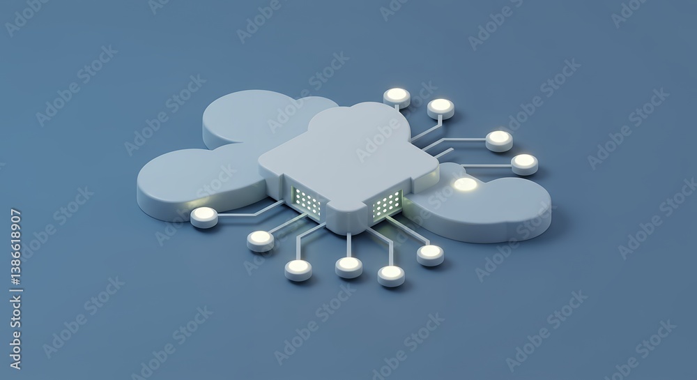 Poster cloud computing technology concept with central processor communicating data through network nodes, 