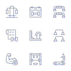 Gym icons set. Thin Line style, editable stroke. push up bar, parallels, treadmill, gym, wall bars, home gym, gym equipment, checklist, workout
