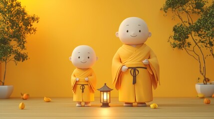 Obraz premium Cute Cartoon Monks with Lanterns in a Bright Yellow Environment