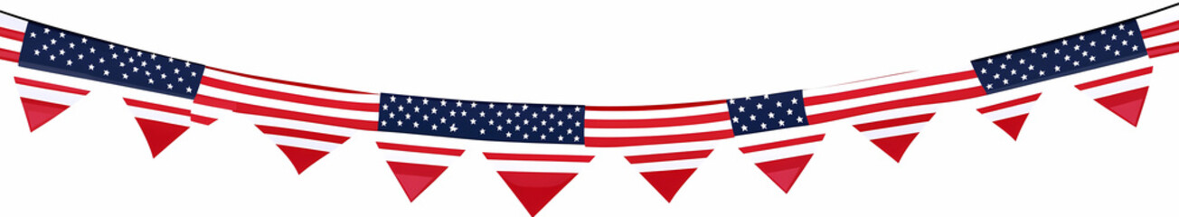 Fototapeta premium Red, White, and Blue Banner: A patriotic banner of United States flags gracefully strung together, creating a visual representation of national pride and unity.