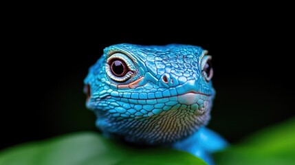 Fototapeta premium A vibrant blue lizard is the focus, its textured skin and large eyes detailed. It sits atop a green leaf against a black background. The image boasts high resolution and sharp focus. Its style is cl