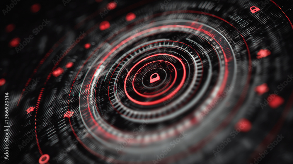 Poster red padlock icon centered within concentric circles on a dark abstract technological background