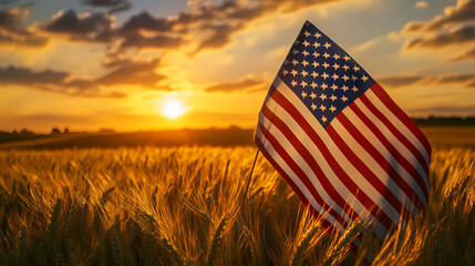 Golden Sunset & American Flag: An American flag waves proudly against a backdrop of a golden sunset over a field of wheat, evoking a sense of patriotism and national pride.