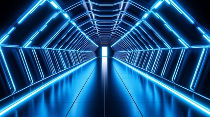 Obraz premium Futuristic tunnel with neon blue light, leading to a bright doorway