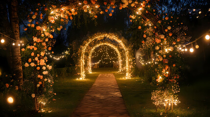 Fototapeta premium Magical Pathway: An enchanting pathway beckons, framed by illuminated floral arches that create a dreamy, romantic ambiance perfect for special event