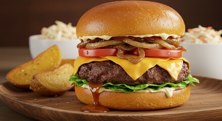 A close-up shot of a gourmet burger with a perfectly seared beef patty, melted cheddar cheese, crisp lettuce, ripe tomato, and a lightly toasted sesame bun. Dramatic side lighting creates rich shadows