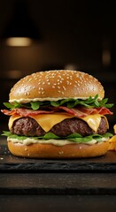 A close-up shot of a gourmet burger with a perfectly seared beef patty, melted cheddar cheese, crisp lettuce, ripe tomato, and a lightly toasted sesame bun. Dramatic side lighting creates rich shadows