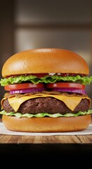 A close-up shot of a gourmet burger with a perfectly seared beef patty, melted cheddar cheese, crisp lettuce, ripe tomato, and a lightly toasted sesame bun. Dramatic side lighting creates rich shadows