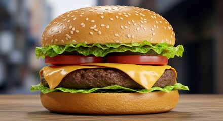 A close-up shot of a gourmet burger with a perfectly seared beef patty, melted cheddar cheese, crisp lettuce, ripe tomato, and a lightly toasted sesame bun. Dramatic side lighting creates rich shadows