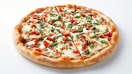 A rustic homemade pizza with fresh basil, mozzarella, and tomato. Featuring Italian cuisine