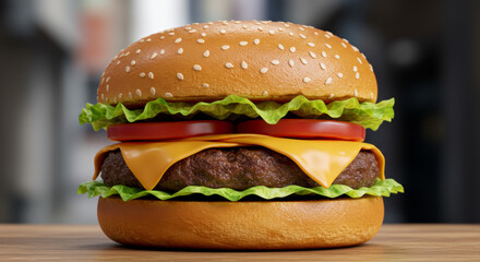 A close-up shot of a gourmet burger with a perfectly seared beef patty, melted cheddar cheese, crisp lettuce, ripe tomato, and a lightly toasted sesame bun. Dramatic side lighting creates rich shadows