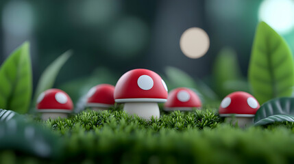 Red and White Mushrooms on Green Moss in a Forest Setting