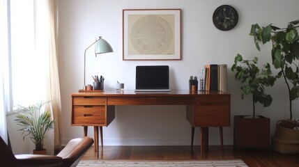 Fototapeta premium Mid Century Modern Home Office with Wooden Desk and Natural Light