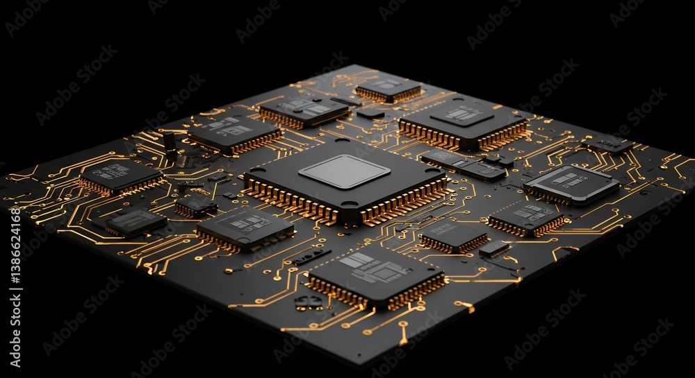 Poster intricate computer circuit board with microchips and golden traces depicting advanced technology and