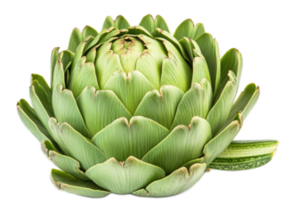 Whole artichoke with layered green petals and stem, isolated on white background