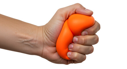 Close Up of a Human Hand Squeezing an Orange Stress Ball on a White Background