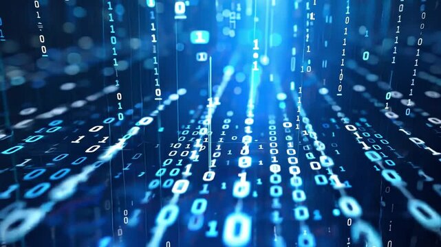 Futuristic Digital Flow Cascading Binary Code and Data Networks in Blue Tones, Showcasing Technology and Abstract Innovation