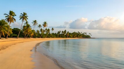 Tropical Beach Paradise With Palm Trees Golden Sand And Serene Ocean View