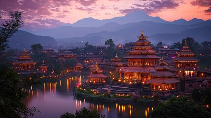 Obraz premium Serene Sunset Over Traditional Temple Architecture by Calm Waters